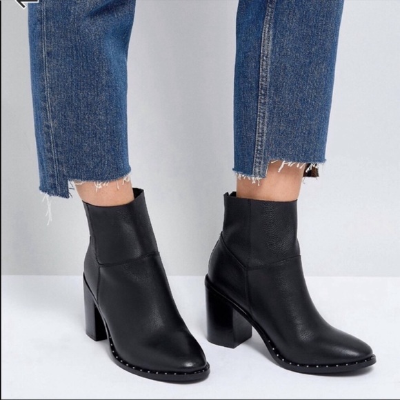 asos design restore leather studded block heel boots in black